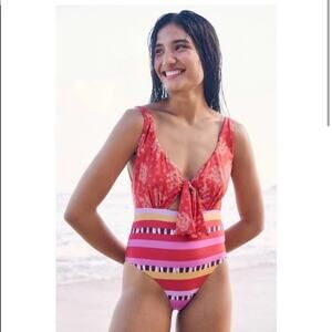 FARM RIO Lucy Tiki Bananas Striped Reversible 
 One Piece Swimsuit